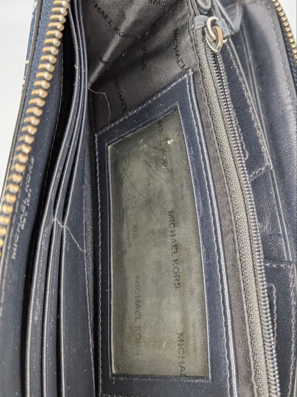 Michael Kors Wallet Mens Grant Tech Zip Around Navy Blue White Palm Tree design